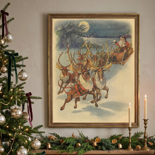 Vintage Christmas Santa Claus Sleigh with Reindeer Poster