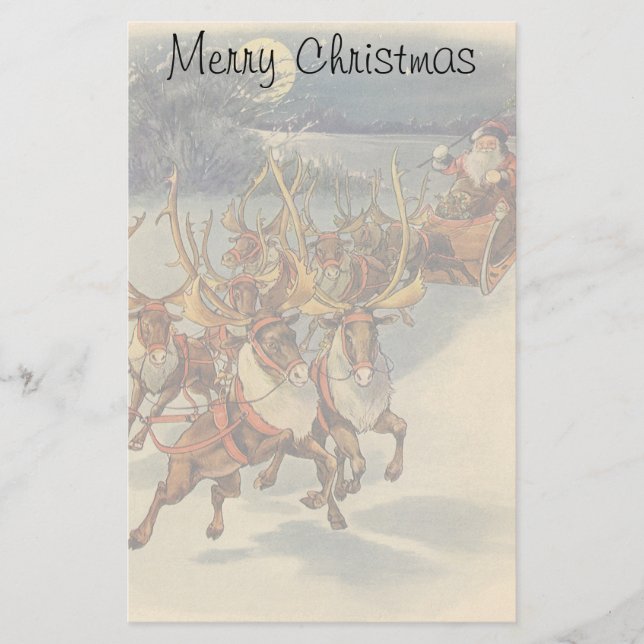 Vintage Christmas Santa Claus Sleigh with Reindeer Stationery (Front)