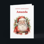 Vintage Christmas Santa Claus Smiling Birthday Card<br><div class="desc">Birthday card with a cute vintage style watercolor image. Santa Claus in his red suit with jolly cheeks and a smiling face. Surrounded by pine and holly.</div>