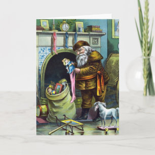 Vintage Christmas, Santa Claus Stockings with Toys Holiday Card