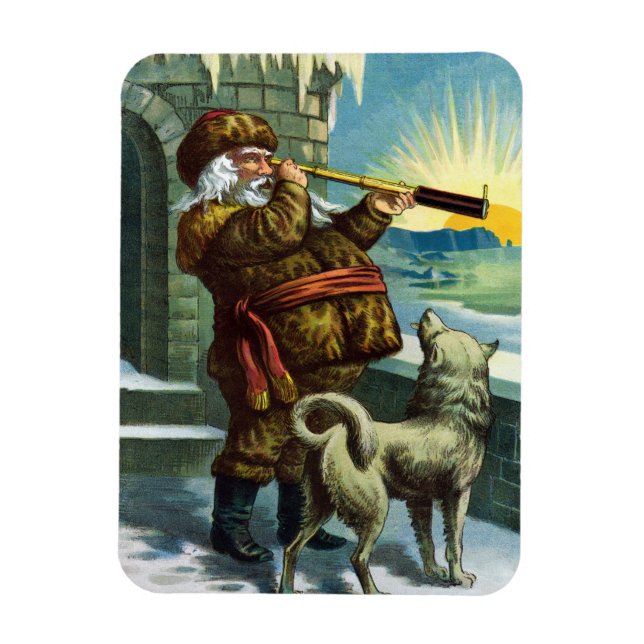 Vintage Christmas Santa Claus Telescope Dog Sunset Magnet (Vertical)