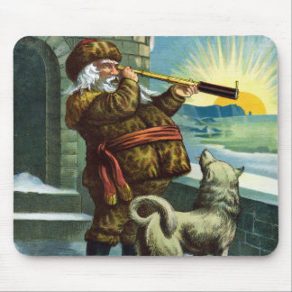 Vintage Christmas Santa Claus Telescope Dog Sunset Mouse Pad