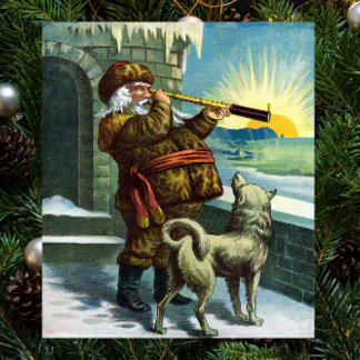 Vintage Christmas Santa Claus Telescope Dog Sunset Poster