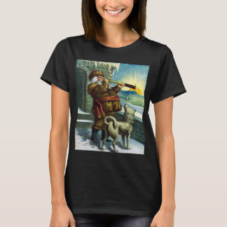 Vintage Christmas Santa Claus Telescope Dog Sunset T-Shirt