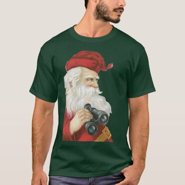 Vintage Christmas, Santa Claus with Binoculars T-Shirt (Front)