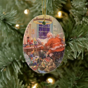 Vintage Christmas, Santa Claus with Elves Workshop Ceramic Tree Decoration