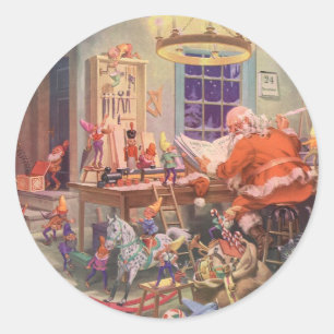 Vintage Christmas, Santa Claus with Elves Workshop Classic Round Sticker