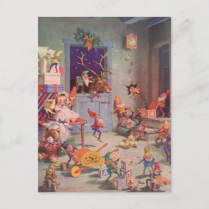 Vintage Christmas, Santa Claus with Elves Workshop Holiday Postcard