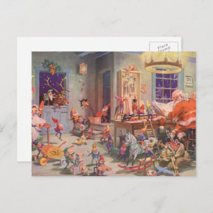 Vintage Christmas, Santa Claus with Elves Workshop Holiday Postcard