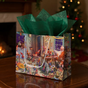 Vintage Christmas, Santa Claus with Elves Workshop Large Gift Bag