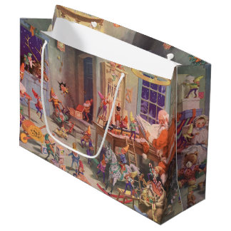 Vintage Christmas, Santa Claus with Elves Workshop Large Gift Bag
