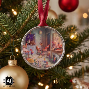 Vintage Christmas, Santa Claus with Elves Workshop Metal Tree Decoration