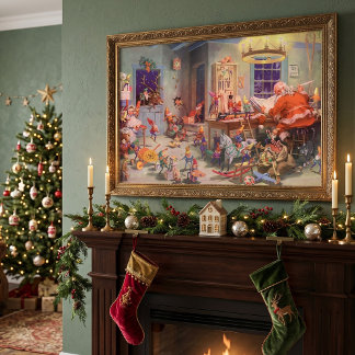 Vintage Christmas, Santa Claus with Elves Workshop Poster