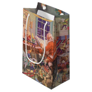 Vintage Christmas, Santa Claus with Elves Workshop Small Gift Bag