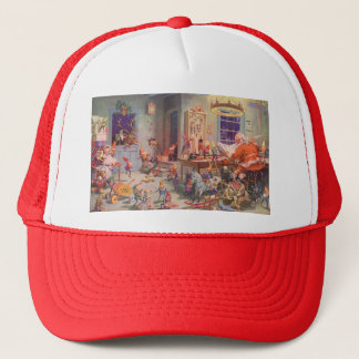 Vintage Christmas, Santa Claus with Elves Workshop Trucker Hat