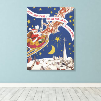 Vintage Christmas Santa Claus With Flying Reindeer Canvas Print