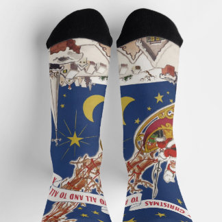 Vintage Christmas Santa Claus With Flying Reindeer Socks