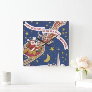 Vintage Christmas Santa Claus With Flying Reindeer Square Wall Clock
