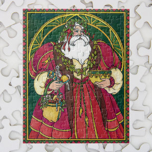 Vintage Christmas, Santa Claus with Holly Leaves Jigsaw Puzzle