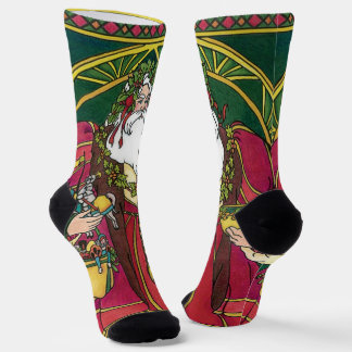 Vintage Christmas, Santa Claus with Holly Leaves Socks