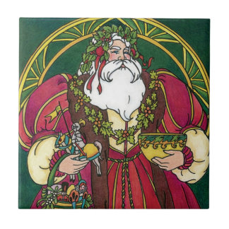 Vintage Christmas, Santa Claus with Holly Leaves Tile