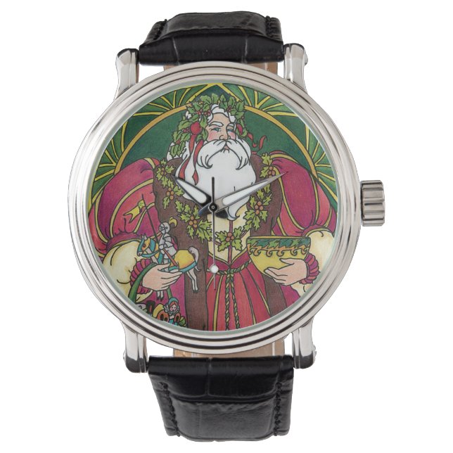 Vintage Christmas, Santa Claus with Holly Leaves Watch (Front)