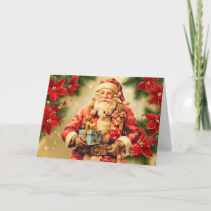 Vintage Christmas Santa Claus with Poinsettia Holiday Card