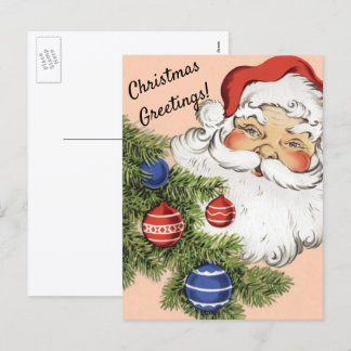 Vintage Christmas Santa Claus with Tree Ornaments Holiday Postcard