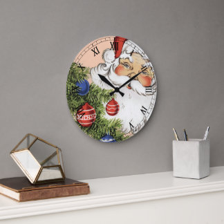 Vintage Christmas Santa Claus with Tree Ornaments Large Clock