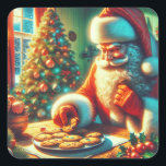 Vintage Christmas Santa Eating Cookies   Square Sticker<br><div class="desc">Cute Santa eating chocolate chip cookies on Christmas Eve stickers with a vintage vibe.</div>