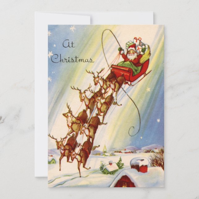 Vintage Christmas Santa Flying Reindeer Holiday Ca Card (Front)