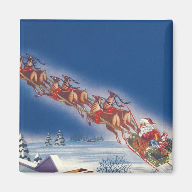 Vintage Christmas, Santa Flying Sleigh w Reindeer Magnet (Front)