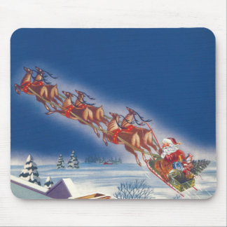 Vintage Christmas, Santa Flying Sleigh w Reindeer Mouse Pad