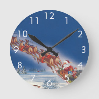 Vintage Christmas, Santa Flying Sleigh w Reindeer Round Clock