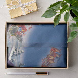 Vintage Christmas, Santa Flying Sleigh w Reindeer Tissue Paper