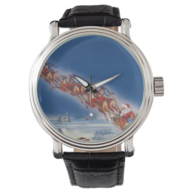 Vintage Christmas, Santa Flying Sleigh w Reindeer Watch (Front)