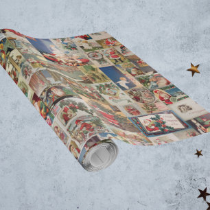 Vintage Christmas Santa Holiday Decoupage Postcard Wrapping Paper
