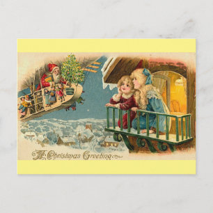 Vintage Christmas santa in aeroplane balloon Postcard