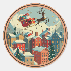 Vintage Christmas Santa in his sleigh over a town Classic Round Sticker