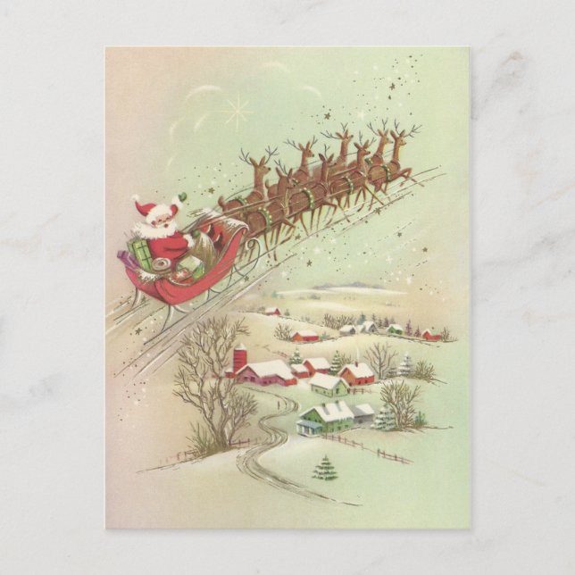 Vintage Christmas Santa In Sleigh Holiday Postcard (Front)