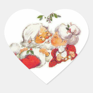 Vintage Christmas Santa Kissing Mrs Claus Heart Sticker