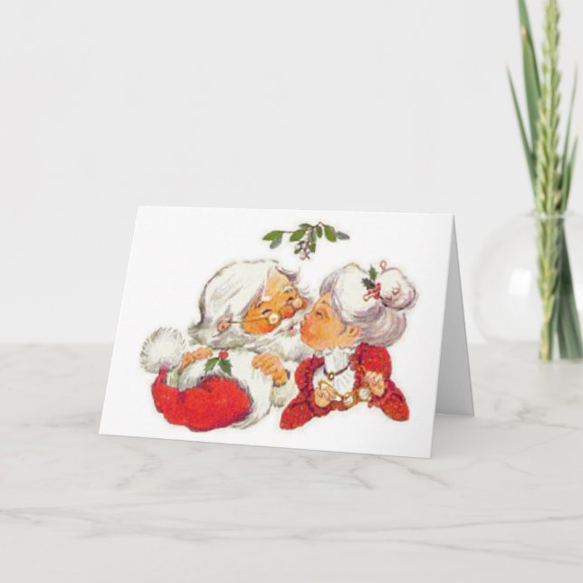 Vintage Christmas Santa Kissing Mrs Claus Holiday Card (Front)