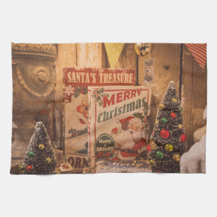 Vintage Christmas Santa lights & trees kitchen Tea Towel