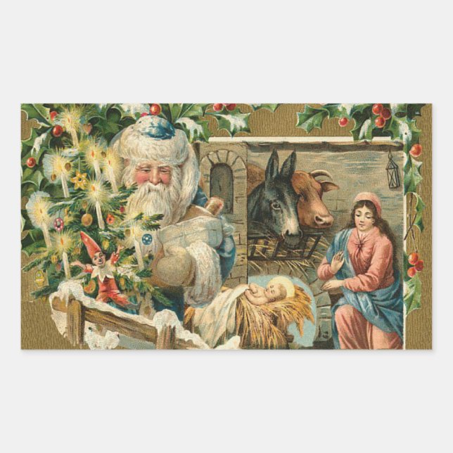 Vintage Christmas santa nativity Rectangular Sticker (Front)
