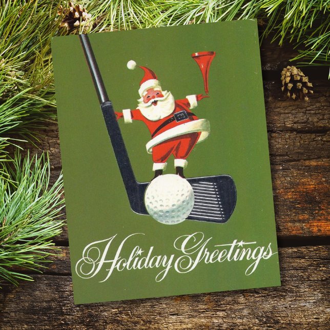 Vintage Christmas Santa On Golf Club Holiday Card (Creator Uploaded)
