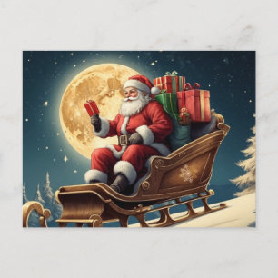 Vintage Christmas Santa on the Sleigh, Full Moon Holiday Postcard