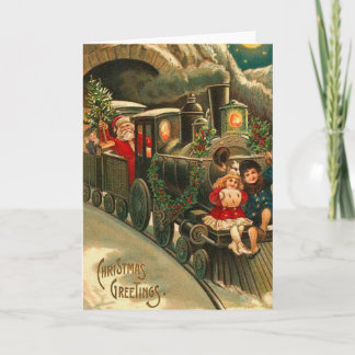 Vintage Christmas Santa On Train Holiday Card