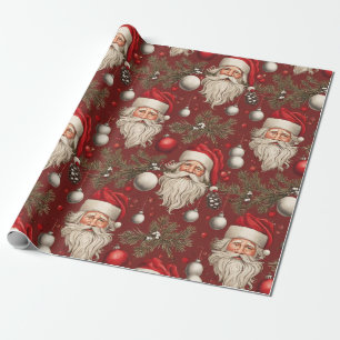 Vintage Christmas Santa, Ornaments, Pinecones Wrapping Paper