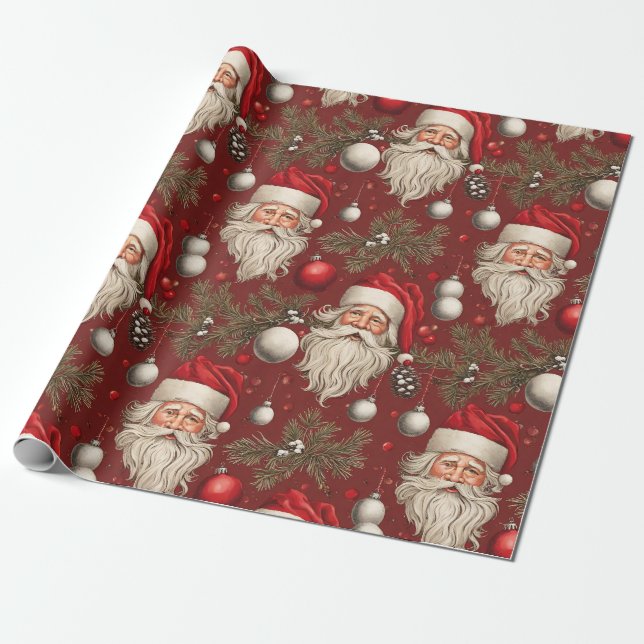 Vintage Christmas Santa, Ornaments, Pinecones  Wrapping Paper (Unrolled)