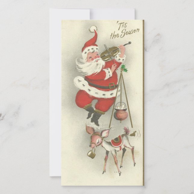 Vintage Christmas Santa Playing Music Holiday Card (Front)